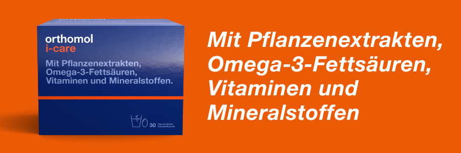 Orthomol Immun pro-Verpackung. Blaue Schachtel mit Produktinformationen und Logo.